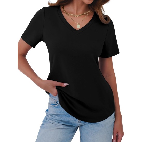 Damen-T-Shirts, V-Ausschnitt, kurze Ärmel, Baumwoll-Tops, Sommer, abgerundeter Saum, trendiges Basic-T-Shirt, S-XXL Damen-T-Shirts, V-Ausschnitt, kurze Ärmel, Baumwoll-Tops, Sommer, abgerundeter Saum, trendiges Basic-T-Shirt, S-XXL