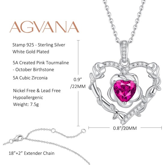 AGVANA Schmuck mit Geburtsstein Oktober, rosa Turmalin-Halskette für Frauen, Halskette mit Herz-Rosen-Blumen-Anhänger aus Sterlingsilber, Jahrestag, Geburtstag, Geschenke für Frauen, Ehefrau, Sie AGVANA Schmuck mit Geburtsstein Oktober, rosa Turmalin-Halskette für Frauen, Halskette mit Herz-Rosen-Blumen-Anhänger aus Sterlingsilber, Jahrestag, Geburtstag, Geschenke für Frauen, Ehefrau, Sie