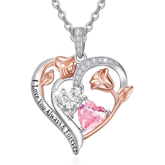 Valentinstagsgeschenke für die Frau, Halskette mit doppeltem Geburtsstein-Anhänger aus 925er-Sterlingsilber, Halskette „Ich liebe dich für immer und ewig“, Jahrestags- und Geburtstagsgeschenke für die Frau, die Freundin, die Mutter, sie