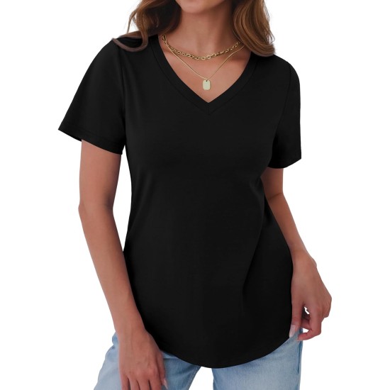 Damen-T-Shirts, V-Ausschnitt, kurze Ärmel, Baumwoll-Tops, Sommer, abgerundeter Saum, trendiges Basic-T-Shirt, S-XXL Damen-T-Shirts, V-Ausschnitt, kurze Ärmel, Baumwoll-Tops, Sommer, abgerundeter Saum, trendiges Basic-T-Shirt, S-XXL
