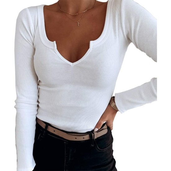 Roselux Damen-Shirt mit V-Ausschnitt, gerippt, langärmelig, tailliertes Basic-Strickoberteil