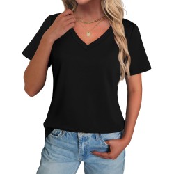 Damen-T-Shirts, V-Ausschnitt, kurze Ärmel, Baumwoll-Tops, Sommer, abgerundeter Saum, trendiges Basic-T-Shirt, S-XXL