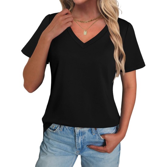 Damen-T-Shirts, V-Ausschnitt, kurze Ärmel, Baumwoll-Tops, Sommer, abgerundeter Saum, trendiges Basic-T-Shirt, S-XXL Damen-T-Shirts, V-Ausschnitt, kurze Ärmel, Baumwoll-Tops, Sommer, abgerundeter Saum, trendiges Basic-T-Shirt, S-XXL