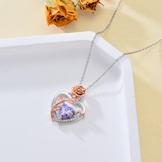OCJ Geburtsstein-Halskette für Damen, 925er-Sterlingsilber, Rosen-Blumen-Herz-Anhänger-Halsketten, Jahrestags-Schmuck, Geburtstag, Weihnachtsgeschenke für Sie, Frau, Freundin