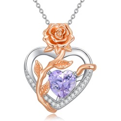 OCJ Geburtsstein-Halskette für Damen, 925er-Sterlingsilber, Rosen-Blumen-Herz-Anhänger-Halsketten, Jahrestags-Schmuck, Geburtstag, Weihnachtsgeschenke für Sie, Frau, Freundin