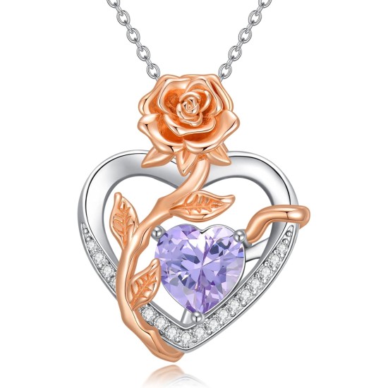 OCJ Geburtsstein-Halskette für Damen, 925er-Sterlingsilber, Rosen-Blumen-Herz-Anhänger-Halsketten, Jahrestags-Schmuck, Geburtstag, Weihnachtsgeschenke für Sie, Frau, Freundin