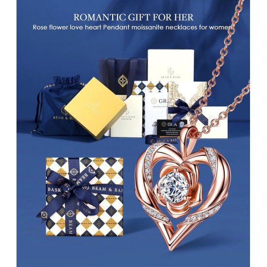 Beam & Bask Rose Flower Heart Moissanit-Halsketten für Ehefrau, S925-Silberanhänger für Frauen, 18 Karat vergoldeter Schmuck für ihre Freundin, Mutter, zum Jahrestag und Geburtstag Beam & Bask Rose Flower Heart Moissanit-Halsketten für Ehefrau, S925-Silberanhänger für Frauen, 18 Karat vergoldeter Schmuck für ihre Freundin, Mutter, zum Jahrestag und Geburtstag