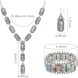 NEWITIN 4-teiliges silbernes Bohemian-Schmuckset für Damen, Modeschmuck, türkisfarbene Halskette, Armband, Ohrringe, Western-Türkis-Schmuckset für Damen