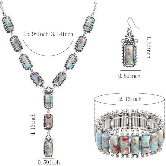 NEWITIN 4-teiliges silbernes Bohemian-Schmuckset für Damen, Modeschmuck, türkisfarbene Halskette, Armband, Ohrringe, Western-Türkis-Schmuckset für Damen
