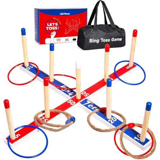 EVERICH TOY Spielzeug für drinnen und draußen, verbessertes großes Ringwurfspiel aus Holz, Hofspiele für Kinder, Rasenspiele im Freien für die Familie mit 10 Kunststoffringen und 10 Seilen, 1 Tragetasche
