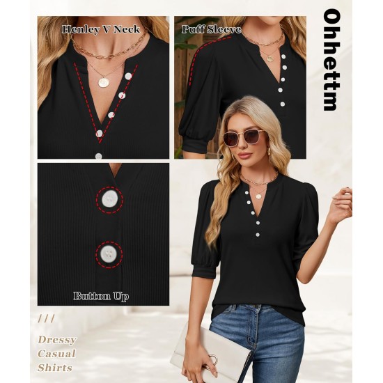 Sommer-Tops für Damen, 2026, trendige, elegante, lässige Bluse, Puff-Kurzarm-Shirts, Strick-Henley-T-Shirt mit V-Ausschnitt und Tunika