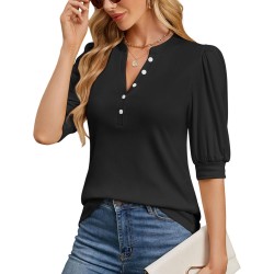 Sommer-Tops für Damen, 2026, trendige, elegante, lässige Bluse, Puff-Kurzarm-Shirts, Strick-Henley-T-Shirt mit V-Ausschnitt und Tunika
