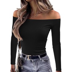 OwnTime schulterfreie Damen-Oberteile, sexy Langarm-Shirts, Herbst-Rippstrick, schmale Passform, trendige Tops, Blusen