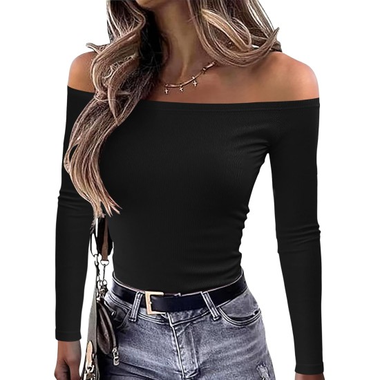 OwnTime schulterfreie Damen-Oberteile, sexy Langarm-Shirts, Herbst-Rippstrick, schmale Passform, trendige Tops, Blusen