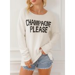 Damenmode 2026 Champagne Please Grafik-Langarm-Pullover, lockerer Strick-Sweatshirt-Oberteil mit Rundhalsausschnitt Damenmode 2026 Champagne Please Grafik-Langarm-Pullover, lockerer Strick-Sweatshirt-Oberteil mit Rundhalsausschnitt