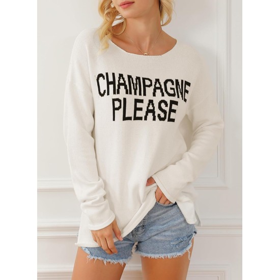 Damenmode 2026 Champagne Please Grafik-Langarm-Pullover, lockerer Strick-Sweatshirt-Oberteil mit Rundhalsausschnitt Damenmode 2026 Champagne Please Grafik-Langarm-Pullover, lockerer Strick-Sweatshirt-Oberteil mit Rundhalsausschnitt
