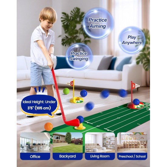 KINGTOP Kleinkind-Golfset mit Putting-Matte und Cornhole-Board, Kinder-Golfschläger von 3–5 Jahren mit 10 Bällen, 4 Schlägern, 2 Löchern und Wagen, Sportspielzeug für Kleinkinder im Innen- und Außenbereich