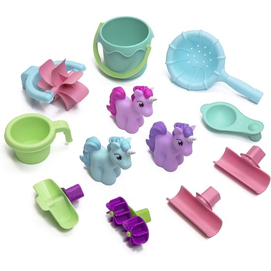 Step2 Wassertisch „Regenschauer und Einhörner“, sensorisches Spielset für Wasser- und Sandaktivitäten für Kinder, Sommerspielzeug für den Außenbereich, 13-teiliges Wasserspielzeugzubehör, für Kleinkinder ab 1,5 Jahren, Blau und Lila