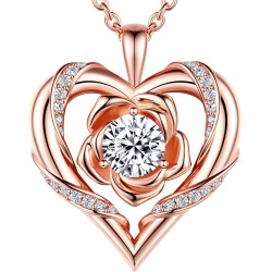 Beam & Bask Rose Flower Heart Moissanit-Halsketten für Ehefrau, S925-Silberanhänger für Frauen, 18 Karat vergoldeter Schmuck für ihre Freundin, Mutter, zum Jahrestag und Geburtstag