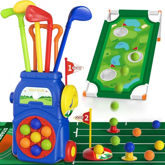 KINGTOP Kleinkind-Golfset mit Putting-Matte und Cornhole-Board, Kinder-Golfschläger von 3–5 Jahren mit 10 Bällen, 4 Schlägern, 2 Löchern und Wagen, Sportspielzeug für Kleinkinder im Innen- und Außenbereich