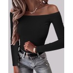 OwnTime schulterfreie Damen-Oberteile, sexy Langarm-Shirts, Herbst-Rippstrick, schmale Passform, trendige Tops, Blusen
