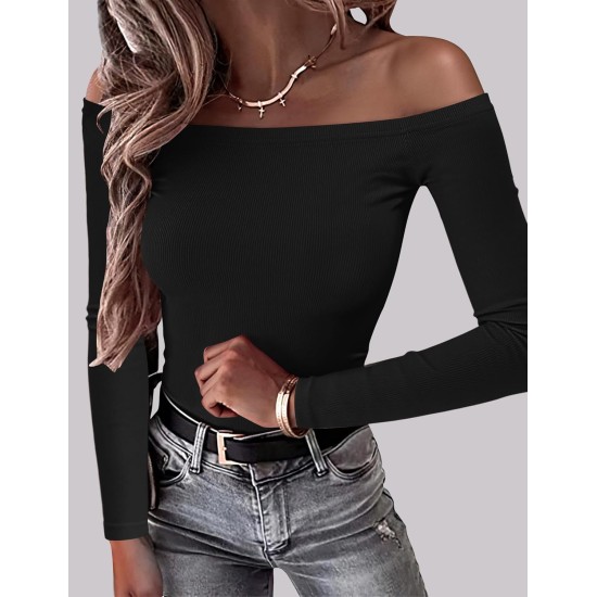 OwnTime schulterfreie Damen-Oberteile, sexy Langarm-Shirts, Herbst-Rippstrick, schmale Passform, trendige Tops, Blusen