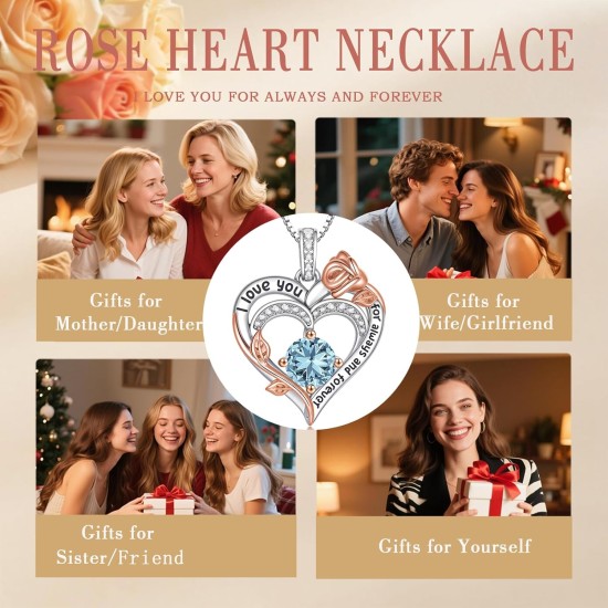 Rosen-Geburtsstein-Herz-Halsketten für Frauen, S925-Sterlingsilber, „I Love You“, Schmuck, Geschenk für Frauen, Geburtstag, Hochzeitstag, Muttertagsgeschenke für Mutter, Mutter, Ehefrau, Freundin mit Geburtsstein-Anhänger-Halskette