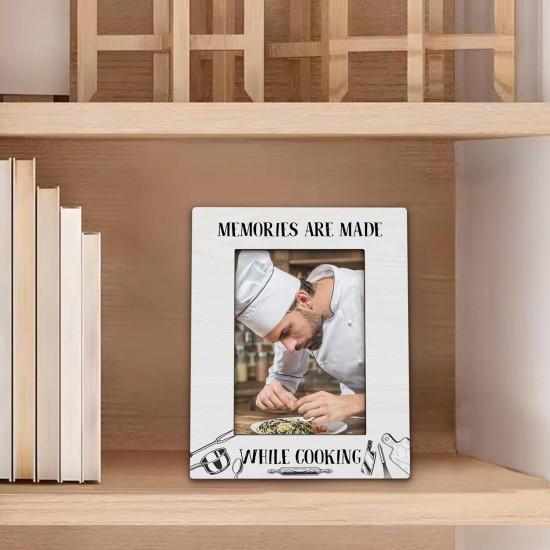 Cooking Gifts Picture Frame 5x7, Chef Gifts Photo Frame, Gift for Chef Cook CookingLover Hostess, Memories are Made While Cooking Wooden Picture Photo Frames for Desk Home Room Decor