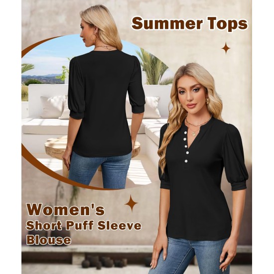 Sommer-Tops für Damen, 2026, trendige, elegante, lässige Bluse, Puff-Kurzarm-Shirts, Strick-Henley-T-Shirt mit V-Ausschnitt und Tunika