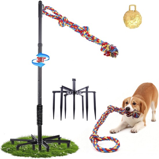 Tether Tug Outdoor-Hundespielzeug, Tether Tug für große Hunde, Federstange für Hunde im Park, Hof, Rasen, 2-Seil-Spielzeug und Klingel, zum Verfolgen und Solo-Spielen, Tether Interactive Dog Tug Toy, für mittelgroße kleine Hunde (schwarz)