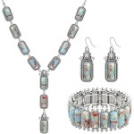 NEWITIN 4-teiliges silbernes Bohemian-Schmuckset für Damen, Modeschmuck, türkisfarbene Halskette, Armband, Ohrringe, Western-Türkis-Schmuckset für Damen