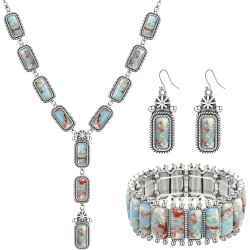 NEWITIN 4-teiliges silbernes Bohemian-Schmuckset für Damen, Modeschmuck, türkisfarbene Halskette, Armband, Ohrringe, Western-Türkis-Schmuckset für Damen