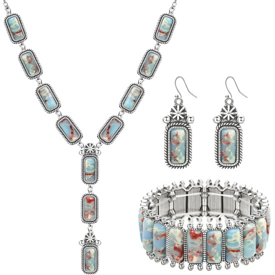NEWITIN 4-teiliges silbernes Bohemian-Schmuckset für Damen, Modeschmuck, türkisfarbene Halskette, Armband, Ohrringe, Western-Türkis-Schmuckset für Damen