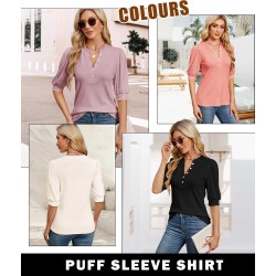 Sommer-Tops für Damen, 2026, trendige, elegante, lässige Bluse, Puff-Kurzarm-Shirts, Strick-Henley-T-Shirt mit V-Ausschnitt und Tunika