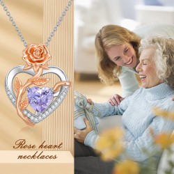 OCJ Geburtsstein-Halskette für Damen, 925er-Sterlingsilber, Rosen-Blumen-Herz-Anhänger-Halsketten, Jahrestags-Schmuck, Geburtstag, Weihnachtsgeschenke für Sie, Frau, Freundin