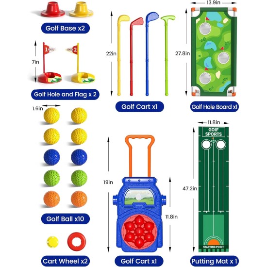 KINGTOP Kleinkind-Golfset mit Putting-Matte und Cornhole-Board, Kinder-Golfschläger von 3–5 Jahren mit 10 Bällen, 4 Schlägern, 2 Löchern und Wagen, Sportspielzeug für Kleinkinder im Innen- und Außenbereich