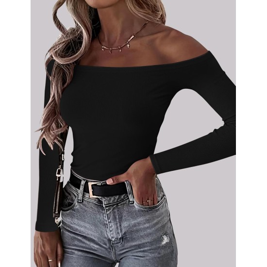 OwnTime schulterfreie Damen-Oberteile, sexy Langarm-Shirts, Herbst-Rippstrick, schmale Passform, trendige Tops, Blusen