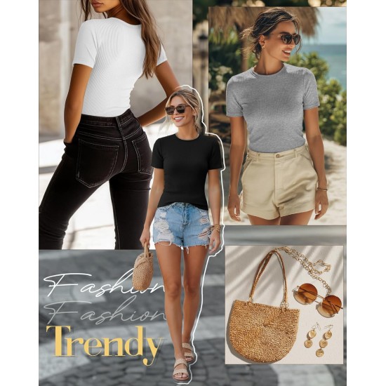 Ficerd 3er-Pack gerippte Damen-T-Shirts, Baumwolle, kurzärmelig, Basic-T-Shirts, Rundhalsausschnitt, taillierte Tops, Freizeithemden, 2026, Sommer, trendy Ficerd 3er-Pack gerippte Damen-T-Shirts, Baumwolle, kurzärmelig, Basic-T-Shirts, Rundhalsausschnitt, taillierte Tops, Freizeithemden, 2026, Sommer, trendy