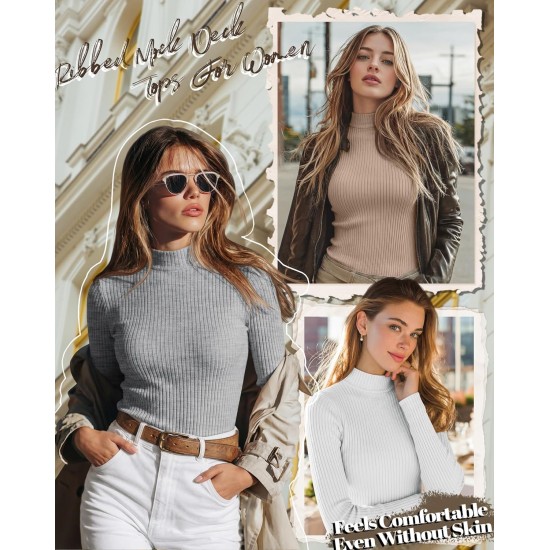 Riyiper 3er-Pack gerippte Damen-Shirts, Stehkragen-Langarmoberteile, schmal geschnittene Unterhemden, lässige Basic-Layering-T-Shirts