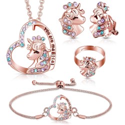 4-teiliges Mädchen-Einhorn-Axolotl-Schmuckset, Halskette, Armband, Ring, Ohrstecker, Kristall-Anhänger, Schmuck, Geschenke für Kleinkinder