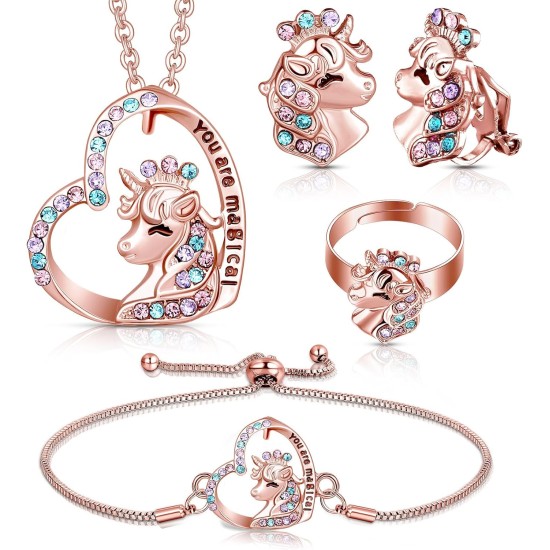 4-teiliges Mädchen-Einhorn-Axolotl-Schmuckset, Halskette, Armband, Ring, Ohrstecker, Kristall-Anhänger, Schmuck, Geschenke für Kleinkinder 4-teiliges Mädchen-Einhorn-Axolotl-Schmuckset, Halskette, Armband, Ring, Ohrstecker, Kristall-Anhänger, Schmuck, Geschenke für Kleinkinder