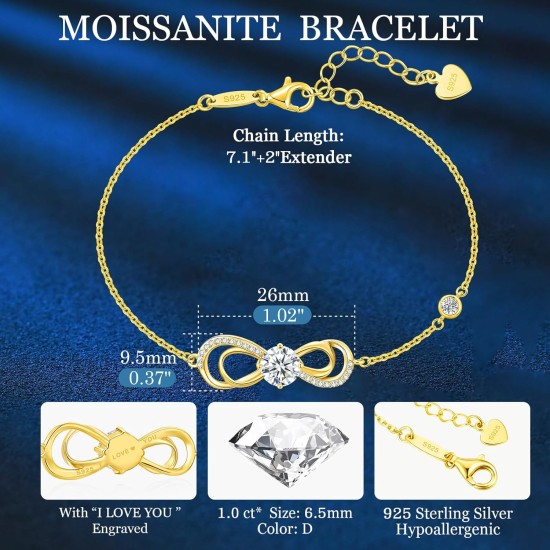 Seelove Moissanit-Unendlichkeits-Herz-Armbänder für Damen, 925er Sterlingsilber, 18 Karat vergoldet, verstellbar, Jahrestag, Geburtstag, edler Schmuck, Geschenke für Frau und Mutter