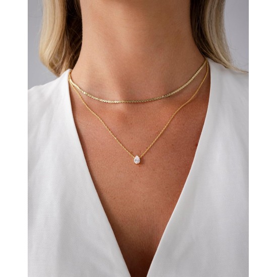 PAVOI 14K vergoldete, gedrehte Singapur-Kette, Layering-Choker mit rundem Solitär und Serpentinenkette, Layering-Choker mit Steinanhänger im Birnenschliff, Halsketten-Set für Damen |