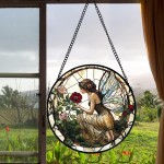 Stained Glass Window Hanging - Butterfly Flower Fairy Suncatcher for Door Terrace Garden Home Decor Yellow Green Plants Sun Catcher Birthday Gifts for Lovers Women Men Dad Mom Nana 7.8 in