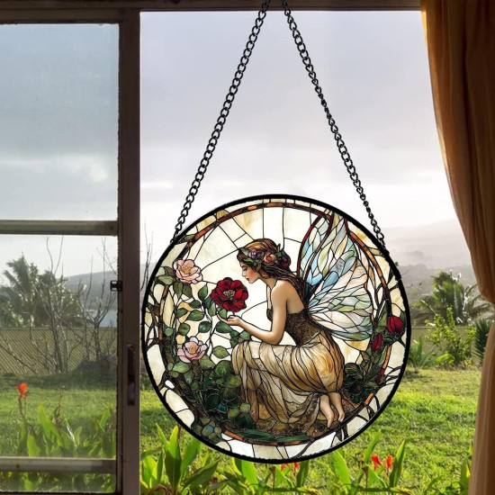 Stained Glass Window Hanging - Butterfly Flower Fairy Suncatcher for Door Terrace Garden Home Decor Yellow Green Plants Sun Catcher Birthday Gifts for Lovers Women Men Dad Mom Nana 7.8 in