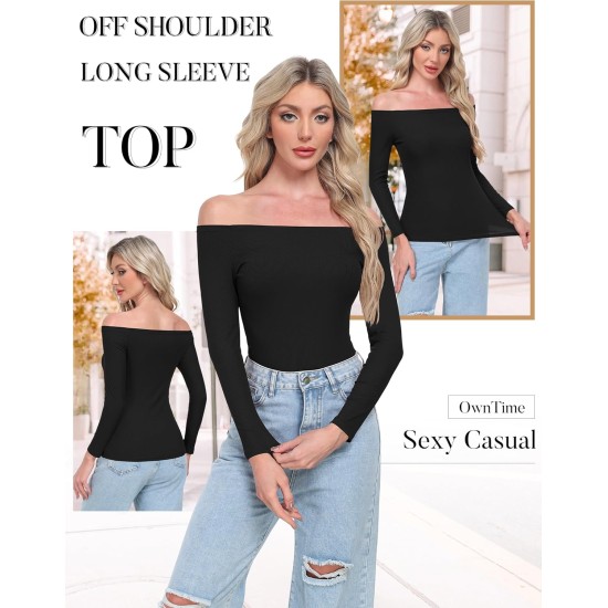 OwnTime schulterfreie Damen-Oberteile, sexy Langarm-Shirts, Herbst-Rippstrick, schmale Passform, trendige Tops, Blusen
