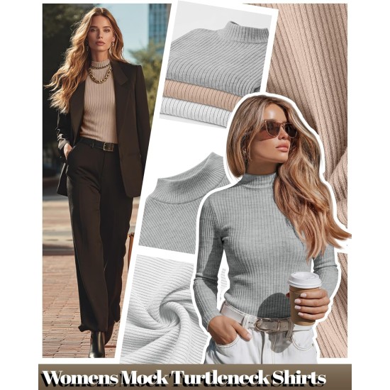 Riyiper 3er-Pack gerippte Damen-Shirts, Stehkragen-Langarmoberteile, schmal geschnittene Unterhemden, lässige Basic-Layering-T-Shirts