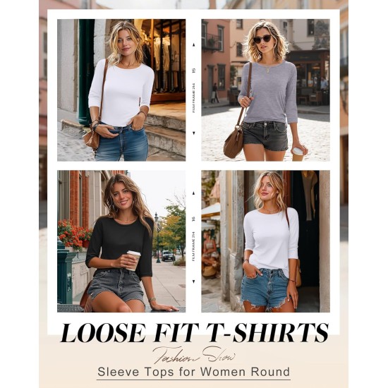 Ficerd 3er-Pack Oberteile mit 3/4-Ärmeln für Damen, Rundhalsausschnitt, elegante Basics, T-Shirts, lässige, trendige T-Shirts mit lockerer Passform Ficerd 3er-Pack Oberteile mit 3/4-Ärmeln für Damen, Rundhalsausschnitt, elegante Basics, T-Shirts, lässige, trendige T-Shirts mit lockerer Passform