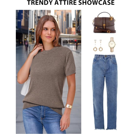 Arach&Cloz Damen-Pullover aus leichter Wollmischung mit kurzen Ärmeln, Business-Casual Arach&Cloz Damen-Pullover aus leichter Wollmischung mit kurzen Ärmeln, Business-Casual