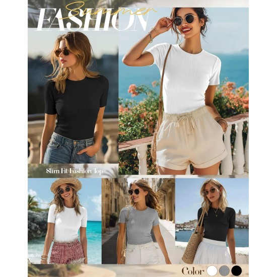 Ficerd 3er-Pack gerippte Damen-T-Shirts, Baumwolle, kurzärmelig, Basic-T-Shirts, Rundhalsausschnitt, taillierte Tops, Freizeithemden, 2026, Sommer, trendy Ficerd 3er-Pack gerippte Damen-T-Shirts, Baumwolle, kurzärmelig, Basic-T-Shirts, Rundhalsausschnitt, taillierte Tops, Freizeithemden, 2026, Sommer, trendy
